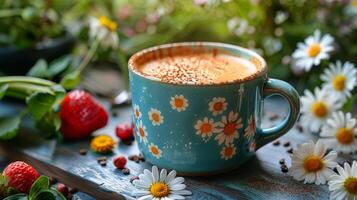 ai generado caliente chocolate taza con margaritas y fresas foto