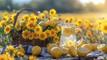 ai generado amarillo flores cesta y líquido botella foto