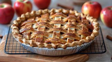 ai generado recién horneado manzana tarta en enfriamiento estante foto