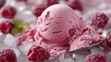 AI generated Spoon With Ice Cream and Raspberries photo