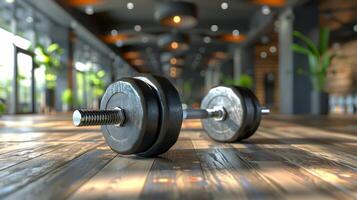 AI generated Two Dumbbells Resting on Wooden Floor photo