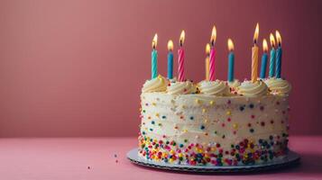 AI generated Birthday Cake With White Frosting and Lit Candles photo