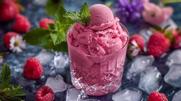 AI generated Glass Bowl With Ice Cream and Raspberries photo