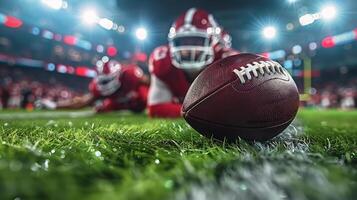 ai generado dos fútbol americano cascos en campo foto