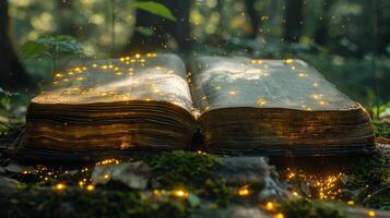 ai generado brillante luces libro en bosque foto