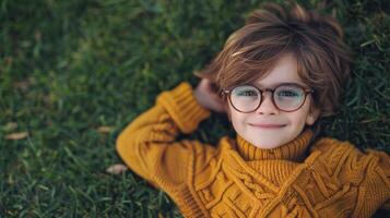 ai generado joven chico con lentes tendido en césped foto