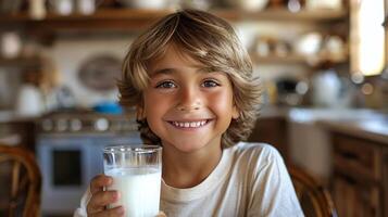 ai generado joven chico participación vaso de Leche foto