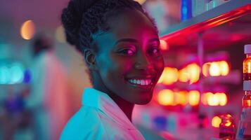 ai generado sonriente mujer con ojos cerrado foto