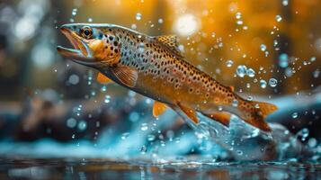 ai generado pescado saltando fuera de agua foto