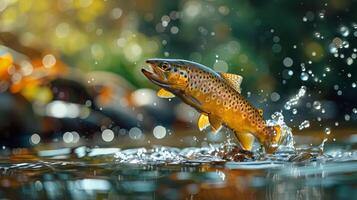 ai generado pescado saltando fuera de agua foto