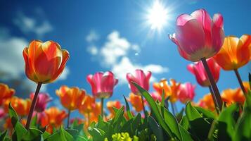 ai generado vistoso flores en campo debajo azul cielo foto