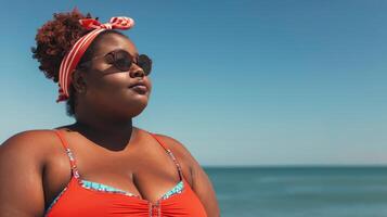 ai generado mujer en bikini en playa foto