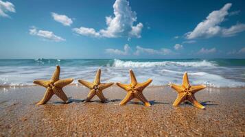 AI generated Two Starfish on Beach With Ocean Background photo