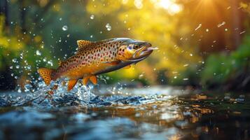 ai generado marrón pescado saltando fuera de agua foto