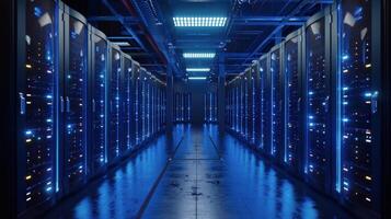 AI generated Rows of Servers in Data Center With Blue Lights photo