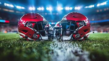 ai generado dos fútbol americano cascos en campo foto