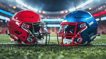 ai generado dos fútbol americano cascos en campo foto