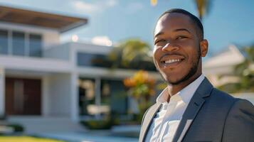 AI generated Man Standing in Front of Large House photo