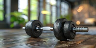 AI generated Dumbbells on Wooden Deck photo