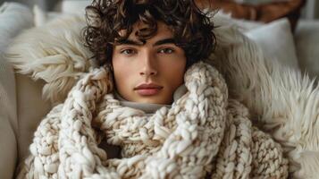 AI generated Young Man With Curly Hair Wearing a Scarf photo