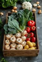 ai generado de madera caja lleno con varios vegetales foto