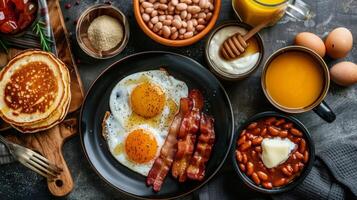 ai generado plato de desayuno comida con huevos, tocino, y panqueques foto