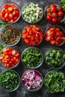 AI generated Fresh Tomatoes, Lettuce, and Vegetables on Table photo