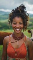 AI generated Woman Standing in Front of Herd of Cows photo