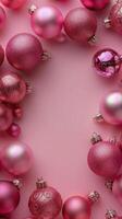 AI generated Pink Christmas Ornaments on Pink Background photo