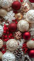 AI generated Red and White Christmas Ornaments Arrangement photo