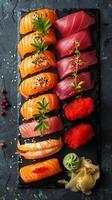 AI generated Assorted Sushi Platter With Various Types of Sushi photo