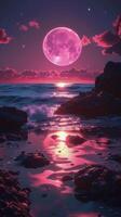 AI generated Pink Full Moon Rising Over Ocean photo