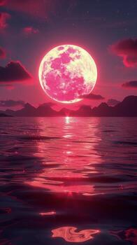 AI generated Red Full Moon Over Ocean at Night photo