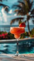 AI generated Pink Cocktail by Poolside Table photo