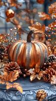 AI generated Orange Pumpkin Surrounded by Green Leaves photo