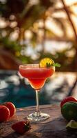 AI generated Pink Cocktail by Poolside Table photo