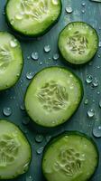 ai generado refrescante Pepino rebanadas con agua gotas foto