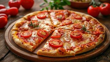 ai generado rebanado Pizza con Tomates en de madera tablero foto