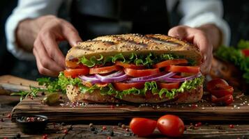 AI generated Person Cutting Large Sandwich on Cutting Board photo