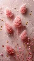 AI generated Pink Flowers and Gold Flakes on Pink Background photo