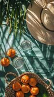 ai generado Tres naranjas y un Paja sombrero en un mesa foto