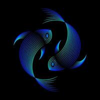 Dancing in Shadows - Dual Blue Fish in Black Background Linocut Vector Design