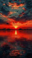 AI generated Birds Flying Over Water at Sunset photo