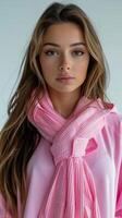 ai generado mujer con largo pelo vistiendo rosado bufanda foto