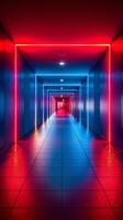 ai generado largo pasillo con rojo y azul luces foto