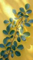 AI generated Green Leaves Branch on Yellow Background photo