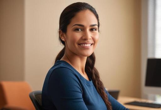 AI Generated A woman works from home with confidence, her computer and workspace neatly arranged. photo