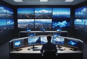 AI Generated A control room with large windows overlooks a mountain landscape. The juxtaposition of technology and nature is striking. photo