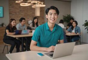 AI Generated A young male professional is seated with a laptop, smiling at the camera. In the background, a group of people is seen in discussion. photo