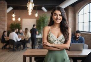 AI Generated A woman in a green dress smiles confidently at the camera. She is standing in a creative office space. photo